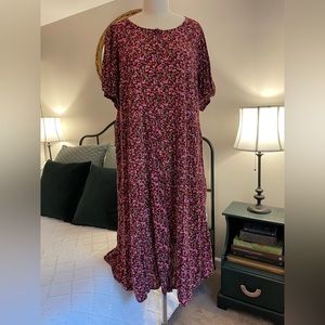 Old Navy Floral Puff-Sleeve Button-Front Midi Swing Dress - Multi-color / Maroon